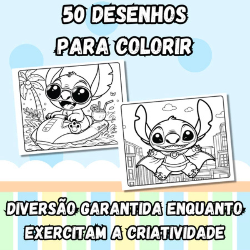 Livro de Colorir Stitch com Estojo de 24 Peças - 50 Páginas