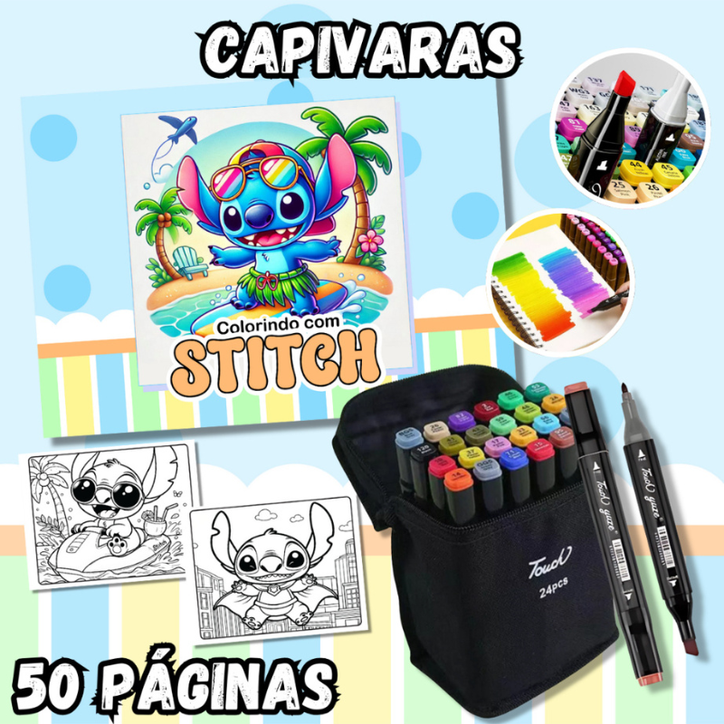 Livro de Colorir Stitch com Estojo de 24 Peças - 50 Páginas