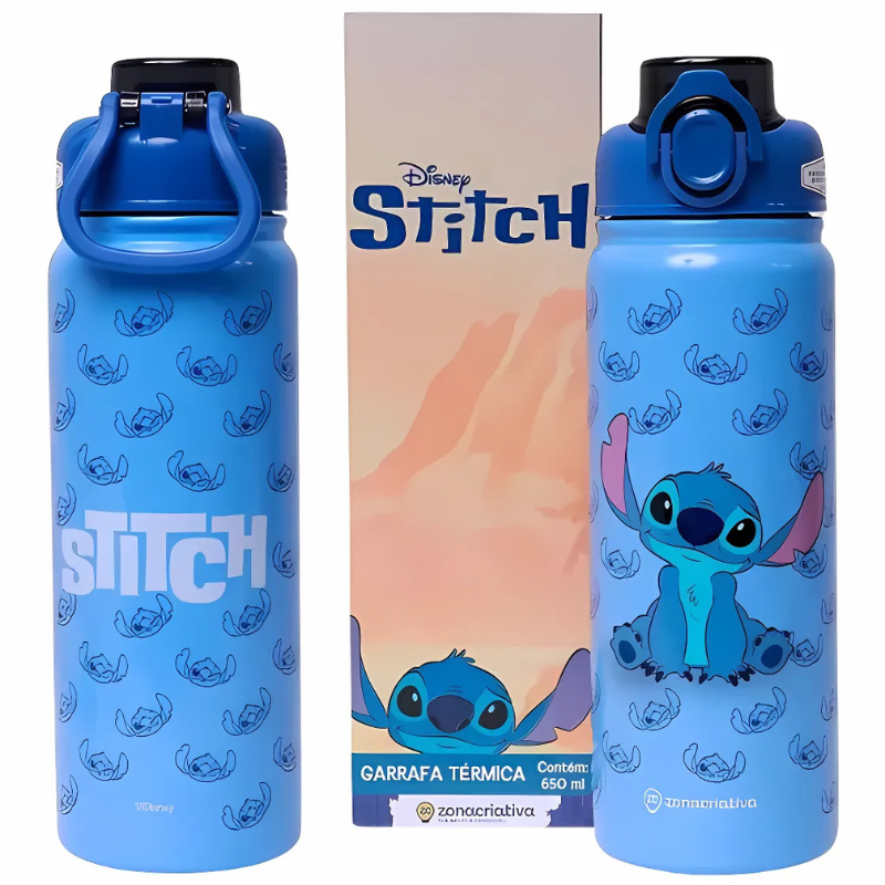 Garrafa Térmica Stitch 650ml com Alça e Trava – Oficial Disney