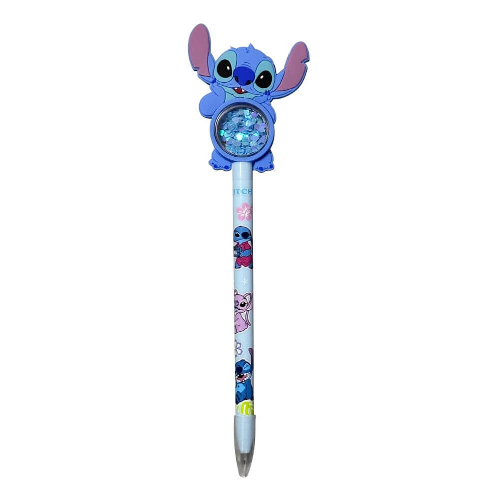 Caneta Stitch e Angel com Lantejoulas Escrita Azul