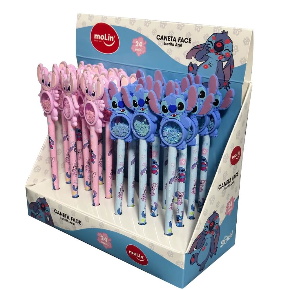 Caneta Stitch e Angel com Lantejoulas Escrita Azul