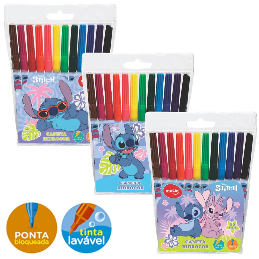 Canetinha Hidrocor Disney Stitch c/ 12 Cores