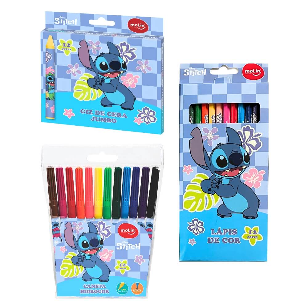 Kit Escolar Stitch Canetinha + Lápis de Cor + Giz de Cera