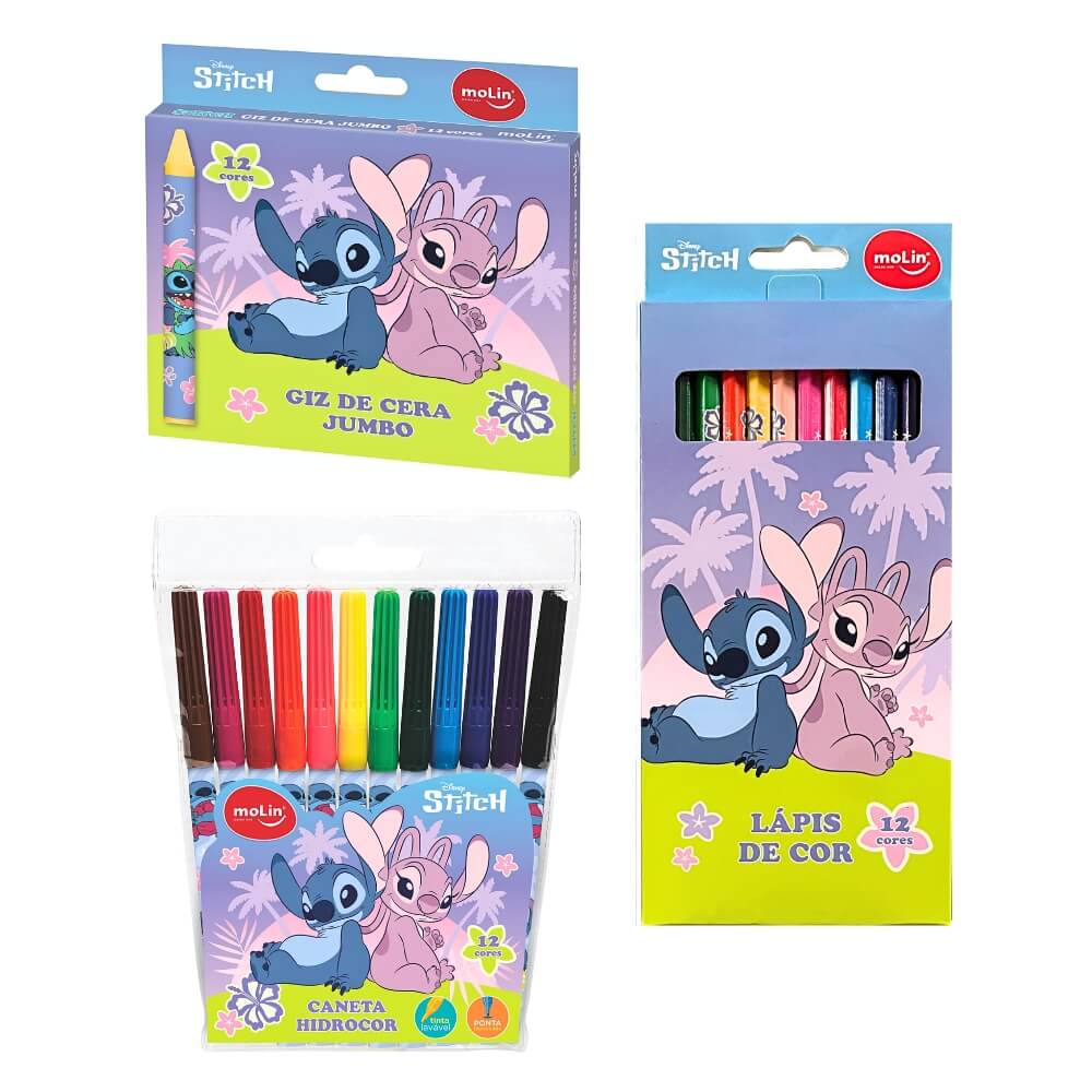Kit Escolar Stitch Canetinha + Lápis de Cor + Giz de Cera