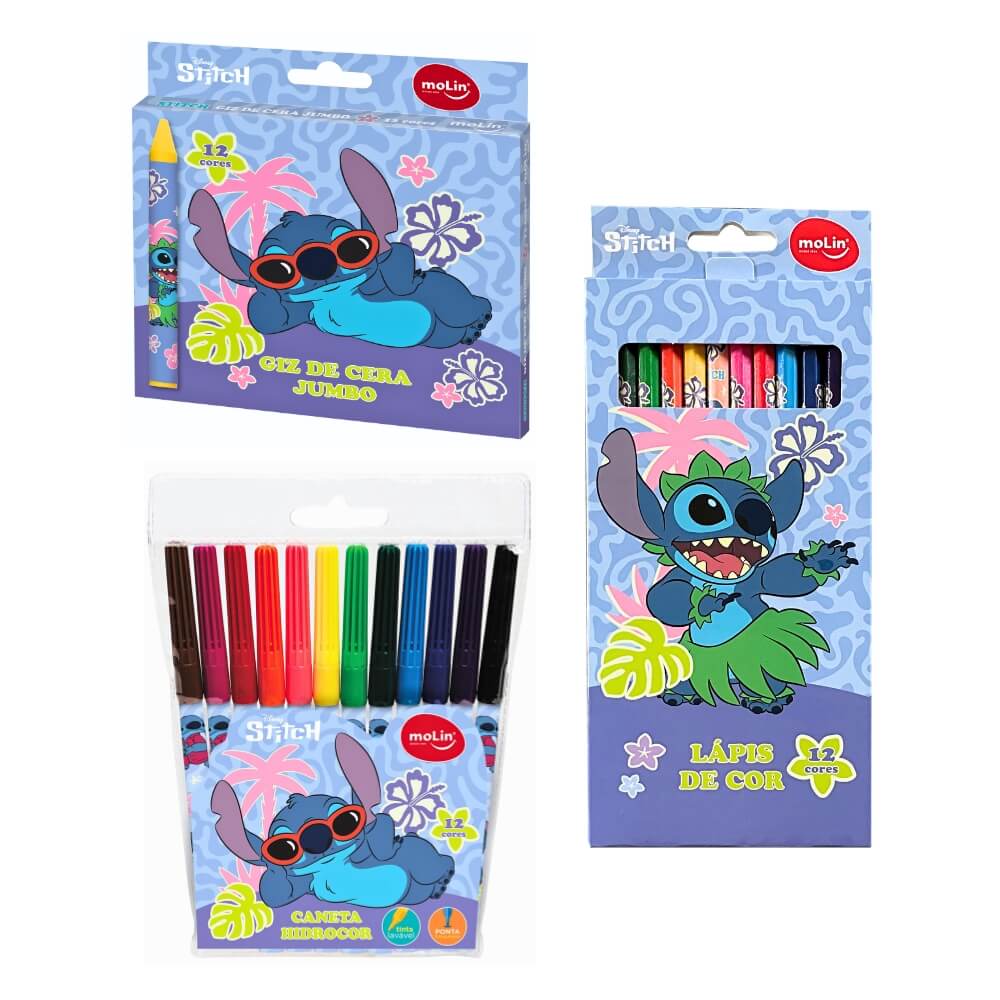 Kit Escolar Stitch Canetinha + Lápis de Cor + Giz de Cera