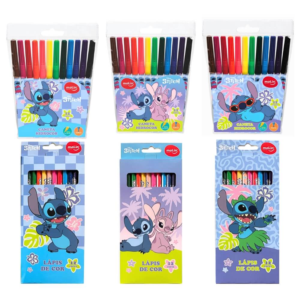Kit Escolar Stitch com 12 Canetinhas Hidrocor + 12 Lápis de Cor