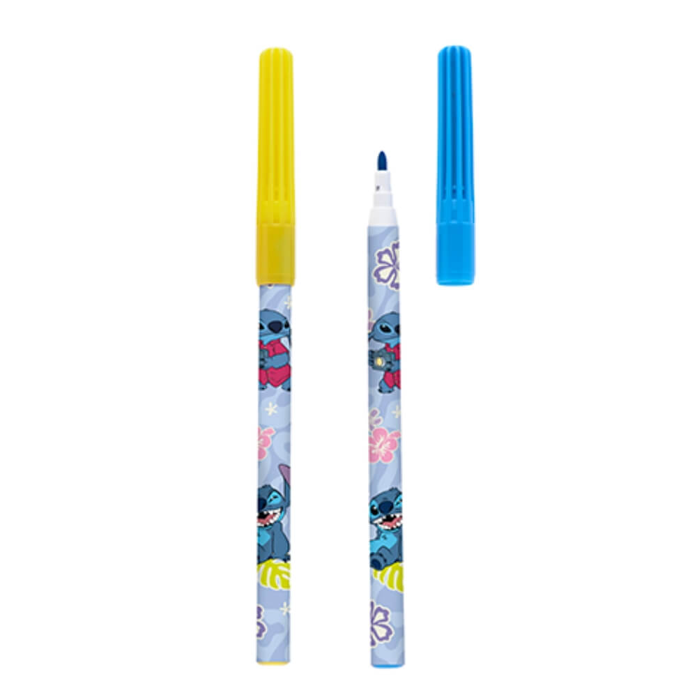 Kit Escolar Stitch com 12 Canetinhas Hidrocor + 12 Lápis de Cor