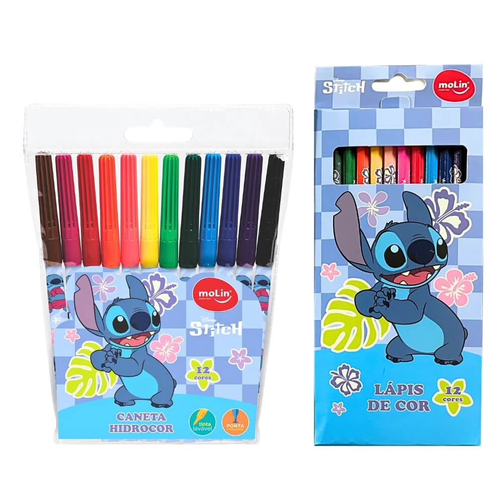 Kit Escolar Stitch com 12 Canetinhas Hidrocor + 12 Lápis de Cor
