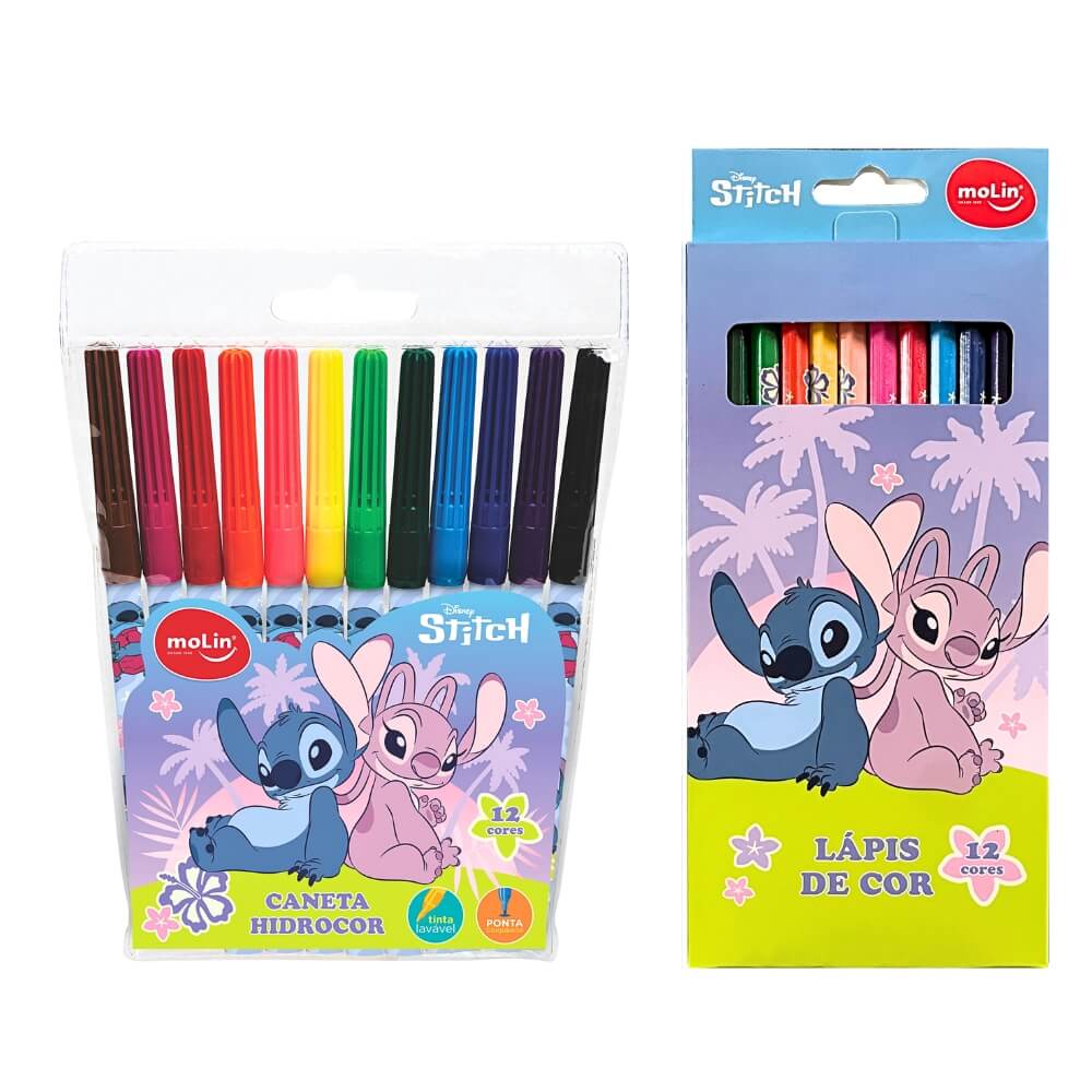 Kit Escolar Stitch com 12 Canetinhas Hidrocor + 12 Lápis de Cor