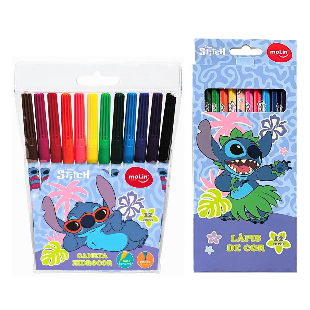 Kit Escolar Stitch com 12 Canetinhas Hidrocor + 12 Lápis de Cor